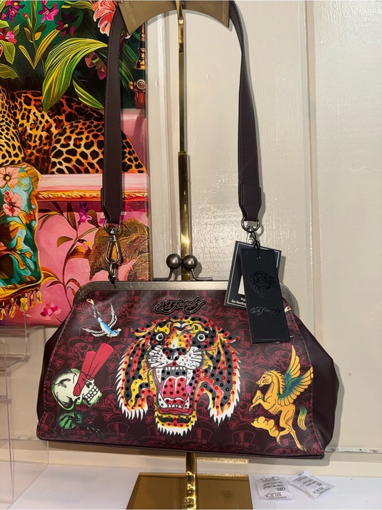 Ed Hardy Handbags - Ed Hardy Burgundy Signature Tiger Logo Kiss Lock Shoulder Bag - STYLISH